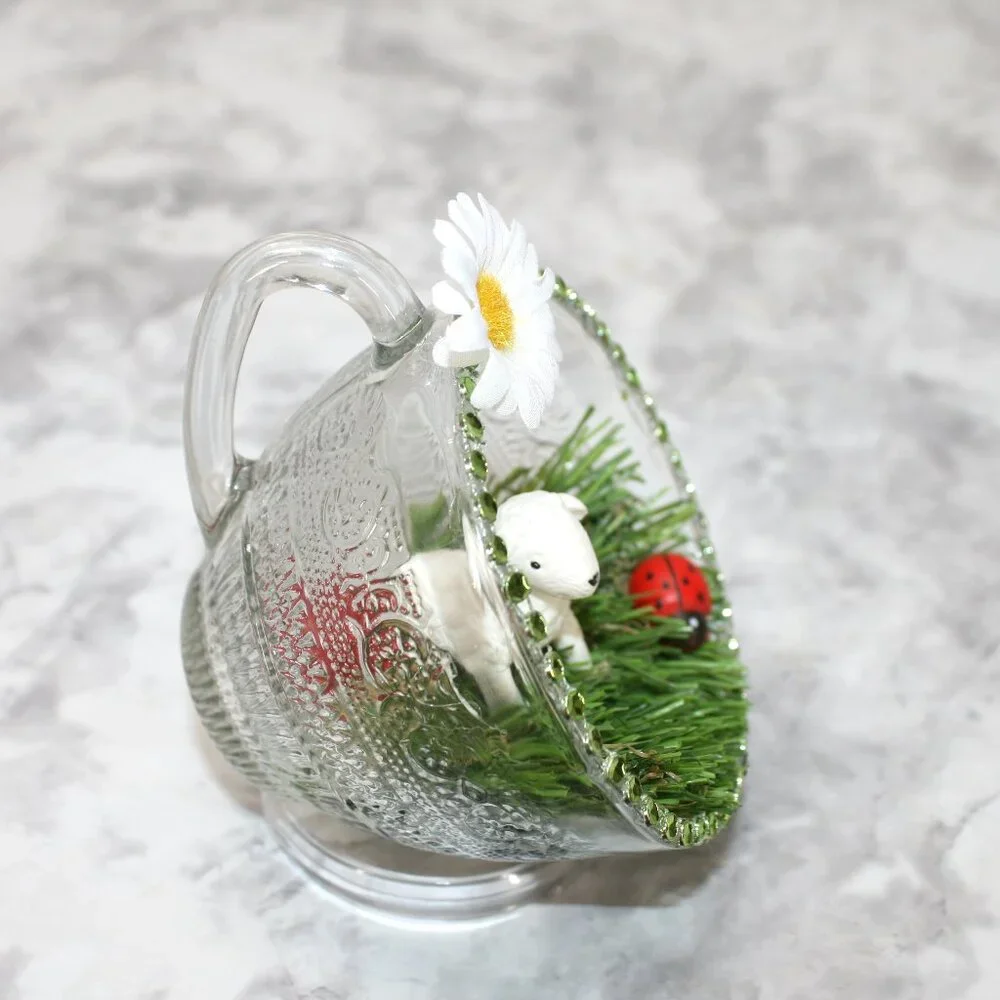 HAND CRAFTED Lamb Farmhouse Decor Ornament Upcycled Cup Grass Easter White